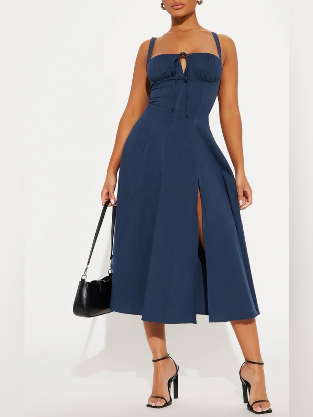 Navy Blue Midi Dress with Front Slit